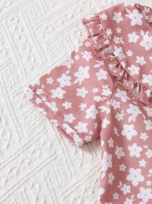 SHEIN 2pcs Baby Girls Floral Print Knitted Cardigan With Ruffle Collar And Long Pants Comfy Homewear Set - Dusty Pink - View 8