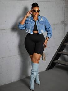 SHEIN SXY 大码女式蓝色牛仔布原始下摆破洞短夹克