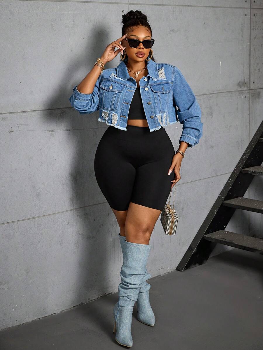 SHEIN SXY 大码女式蓝色牛仔布原始下摆破洞短夹克