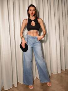 Glamine Women Solid Color Splice Rhinestone Tassels Hollow Out Crop Top - Black - View 3