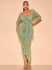 SHEIN BAE Vêtements printemps été grande taille Robe crayon élégante à manches longues avec épaulettes volanté en couleur unie pour femmes. Robe longue en maille rouge à volants plissés. Idéale pour le quotidien, les sorties romantiques et les vacances