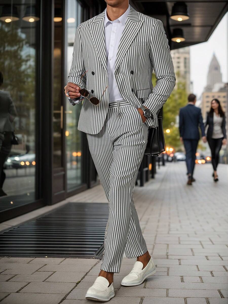 Manfinity Mode Men's Casual Button Front Striped Pocket Long Sleeve Top & Long Pants 2pcs Set - Black and White - View 1