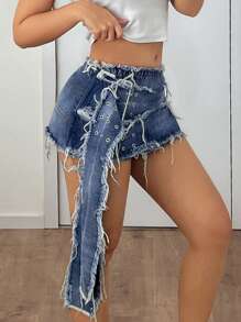 SHEIN ICON Women's Low Waist Patchwork Fringes Grommet Decor Short Denim Mini Skirt - Medium Wash - View 4