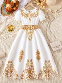 Vestido de vacaciones y celebraciones con mangas abullonadas, estampado retro elegante para niña preadolescente