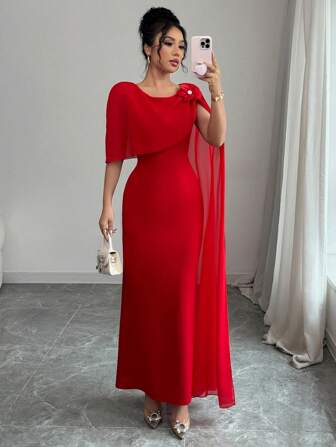 Rafferiza Elegant 3D Floral Sheer Chiffon Sleeveless Bodycon Party Evening Gown, Spring/Summer