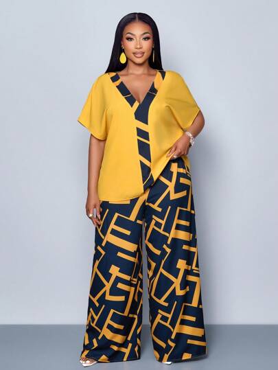 Maweii 2025 Plus Size Women's Geometric Pattern-Print Patchwork Shirt And Printed Wide-Leg Trousers Set Two-Piece Set New Geometric Pattern Vacation Beach Vacation Casual Picnic Concert Music Festival Back-To-School Season