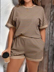 SHEIN LUNE 2pcs/Set Plus Size Women Summer Round Neck Striped Casual Top And Shorts - Brown - View 1