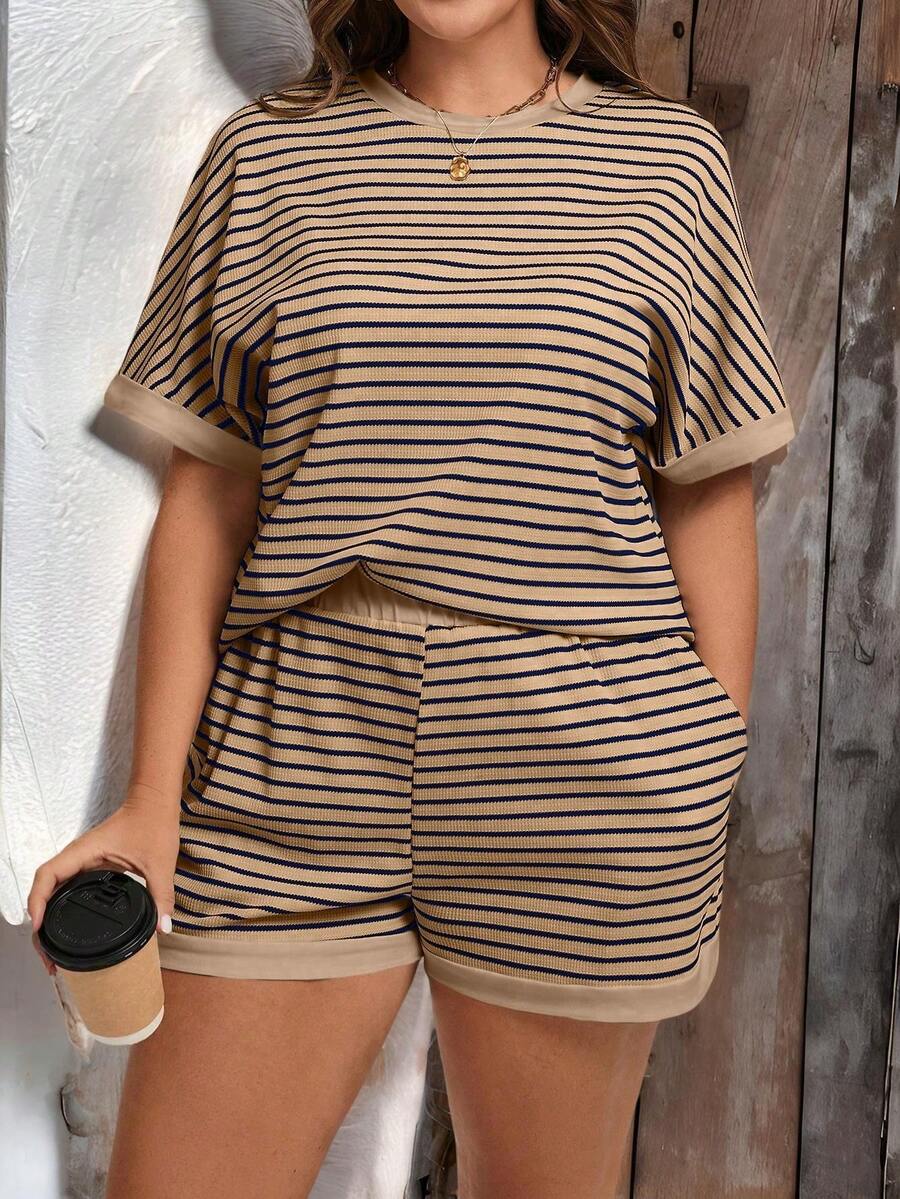 SHEIN LUNE 2pcs/Set Plus Size Women Summer Round Neck Striped Casual Top And Shorts - Brown - View 1