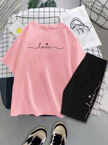 SHEIN Set da 2 pezzi per ragazze adolescenti: top a maniche corte, collo tondo, casual con scritta "LOVE" a mano e motivo a cuore, adatto per l'estate