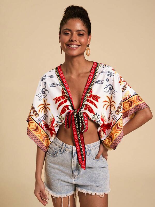 Travachic Cămașă de damă cu nod în față cu mâneci liliac Boho cu imprimeu tropical pe plajă, ținute de vară pentru femei, topuri de vară, vară, ținute de vacanță femei