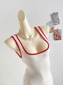 Soleia New Vacation Knitted Rib-Knit Design Contrast Color Sleeveless Cami Dress, Casual Resort Western Beach Wedding Guest Outfit, Spring/Summer Graduation Brunch, St. Patrick's Day Spring Break, Easter Music Festival, Elegant Bohemian Tropical