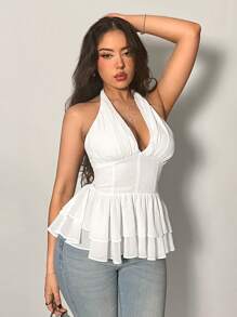 SHEIN Privé New Elegant White Halter Open Back Ruffle Hem Women Casual Top - White - View 1