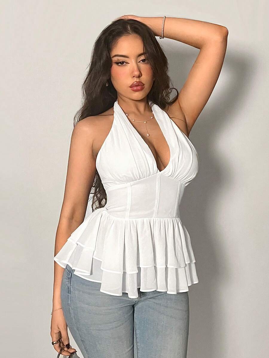 SHEIN Privé New Elegant White Halter Open Back Ruffle Hem Women Casual Top - White - View 1