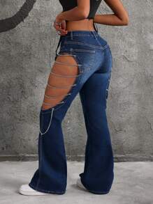 SHEIN ICON Women's Front Buttons Pocket Hollow Casual Jeans - Blue - View 2