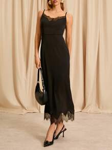 Glamine Women's Elegant Solid Color Lace Trim Spaghetti Strap Dress, For Party - Black - View 4