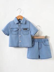 SHEIN 2pcs/Set Baby Boy Summer Casual Soft Cute Denim Shirt With Collar & Loose Fit Denim Shorts Set,Baby Spring/Summer Clothes Outfits Spring Break Outfit - Light Wash - View 4