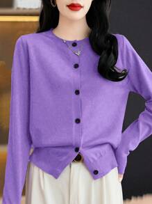 EMERY ROSE Women Round Neck Casual Solid Colored Cardigan For Daily Wear,Long Sleeve Tops Fall Winter Cloth For Women - Purple - View 5