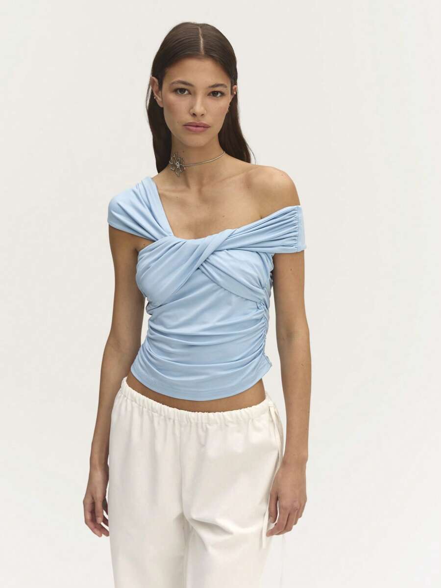 Nöista Cross Chest Top Ruched Off Shoulder Bardot, Perfect For Casual Outings! - Blue - View 1