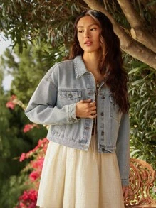 WESTFADE 夏季乡村音乐会花卉图案挂毯提花心形后领前扣长袖牛仔卡车司机夹克，带口袋