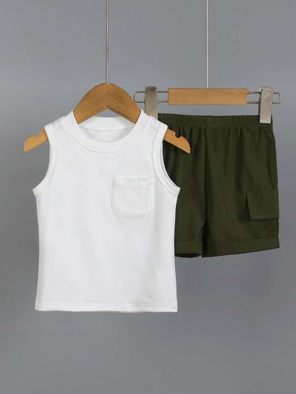 2pcs Baby Boy Casual Set: Sleeveless Knit Vest In Solid White With Elastic Fabric And Faux Pockets, And Olive Green Woven Cargo Style Shorts With Side Faux Pockets - Vintage Outdoor, School & Holiday Wear