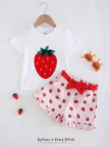 Cozy Pixies 2pcs/Set Young Girl Cartoon Strawberry Pattern Knit Soft Round Neck Short Sleeve Pullover Top And Elastic Waist Shorts - Multicolor - View 1