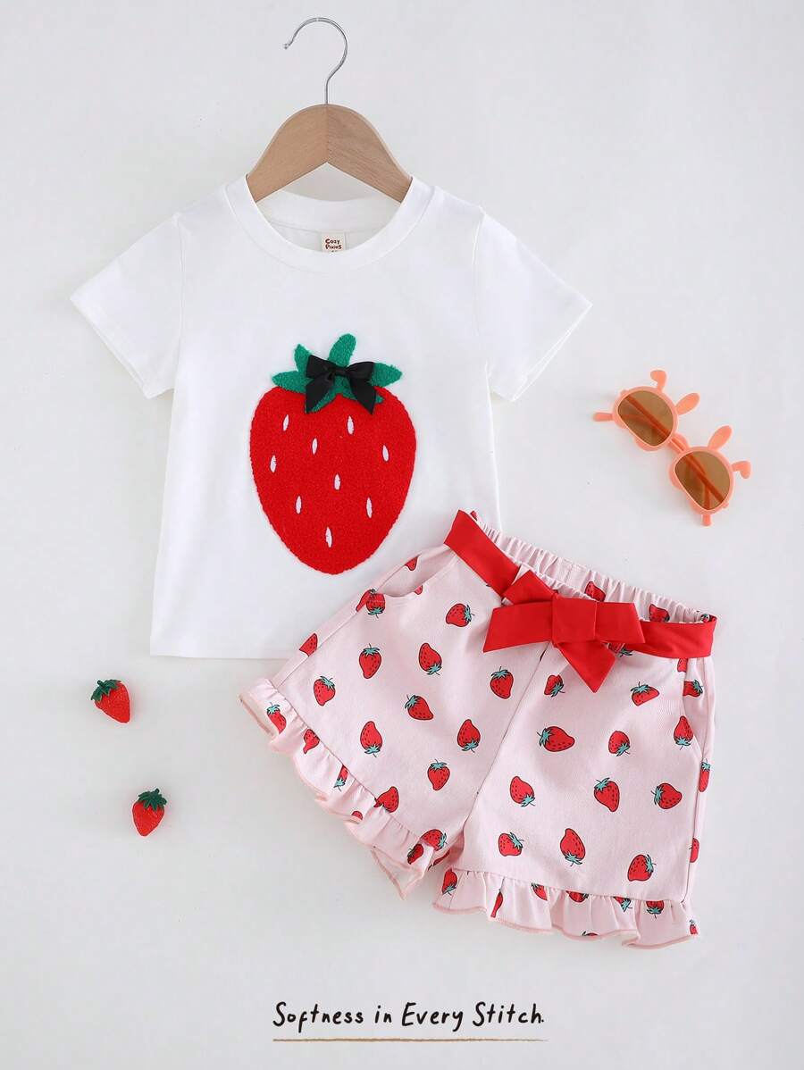 Cozy Pixies 2pcs/Set Young Girl Cartoon Strawberry Pattern Knit Soft Round Neck Short Sleeve Pullover Top And Elastic Waist Shorts - Multicolor - View 1
