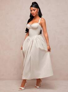 SHEIN SXY 优雅性感复古宫廷风格纯色杏色/卡其色吊带背心连衣裙，公主舞会礼服，浪漫适合情人节约会、派对、生日、婚礼、花园茶会、毕业典礼、正式场合、休闲装、度假、海滩、节日 - 白色 - 查看 3