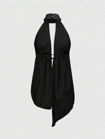 Grunge Punk Top corto de mezclilla con cuello halter, espalda descubierta y dobladillo asimétrico, sexy para mujer