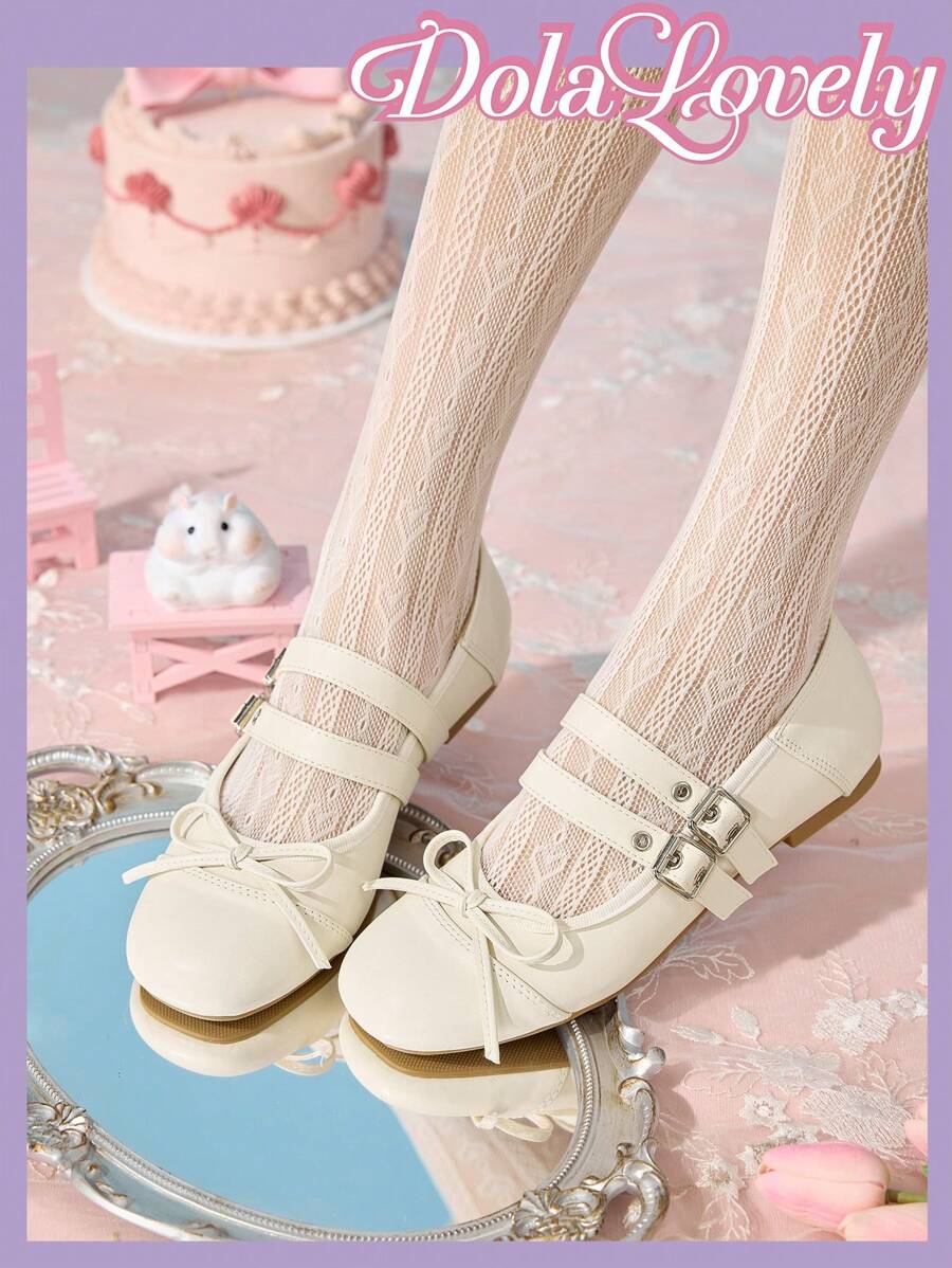 Dola Lovely 1 双女士平底玛丽珍鞋，粉色蝴蝶结和水钻一脚蹬休闲舒适步行鞋