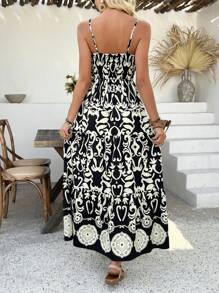 Breezaya 女士休闲复古印花抽绳腰连衣裙，时尚度假装 - 黑色 - 查看 2