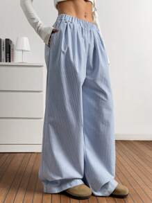 SHEIN EZwear Women's Elastic Waist Pocket Striped Minimalist Casual Long Pants, Daily Wear
