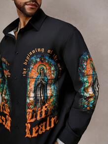 Mainfolk Plus Size Men Street Fashion Loose Woven Long Sleeve Shirt - Multicolor - View 2