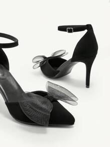 CUCCOO CHICEST 女士尖头高跟鞋，双层网眼蝴蝶结设计，优雅正式缎面天鹅绒高跟鞋，经典甜美风格，适合约会、下午茶、派对、浪漫场合