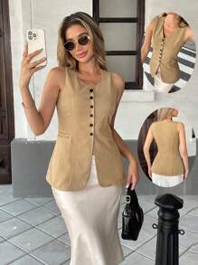 Pariaura Women Sleeveless Open Front Button Down Casual Blouse, Suitable For Summer