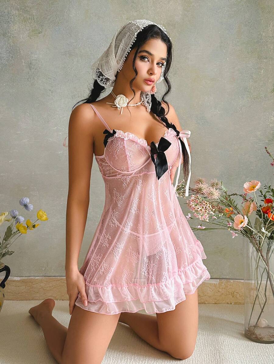 2pcs Romantic, Cute, Sexy Floral Lace Bow, Ruffle Hem, Tie Strap Women Lingerie Set, Includes Nightgown And Panty, Black And Pink - Pink - View 1