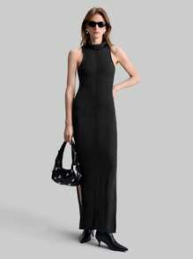 Ontre 2025 Spring New Arrival Women Stand Collar Sleeveless Split Knit Dress, Elegant Simple Fashion Versatile Long Grey Sweater Dress - Grey - View 3