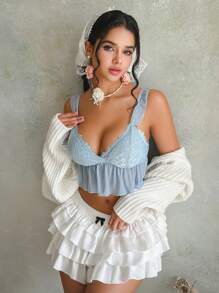 适合外穿，性感浪漫蕾丝拼接内衣文胸带罩杯垫，荷叶边饰边，适合女士 - 淺藍色 - 查看 1