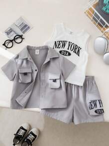 SHEIN 3pcs Baby Boys Set Includes Soft Knit Letter Print Collar Short Sleeve Shirt, Solid T-Shirt, And Elastic Waist Shorts - Light Grey - View 5