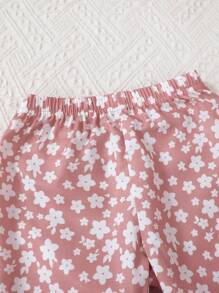 SHEIN 2pcs Baby Girls Floral Print Knitted Cardigan With Ruffle Collar And Long Pants Comfy Homewear Set - Dusty Pink - View 5