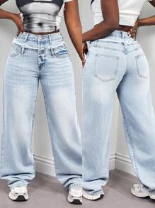 SHEIN Slayr Women's Front Button Pocket Frayed Edge Casual Denim Jeans