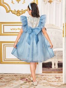 SHEIN Tween Girls Ruffle Patchwork Bowknot Back Organza Dress - Blue - View 2