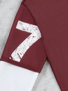 SHEIN Teen Boy Contrast Color Block Letter & Number Print Pullover Sweatshirt - Burgundy - View 4