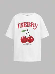 Girlism 少女休闲樱桃字母印花落肩圆领厚款 T 恤和全身樱桃印花喇叭裤 2 件套