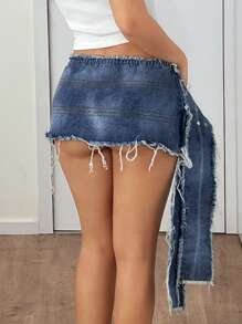 SHEIN ICON Women's Low Waist Patchwork Fringes Grommet Decor Short Denim Mini Skirt - Medium Wash - View 2