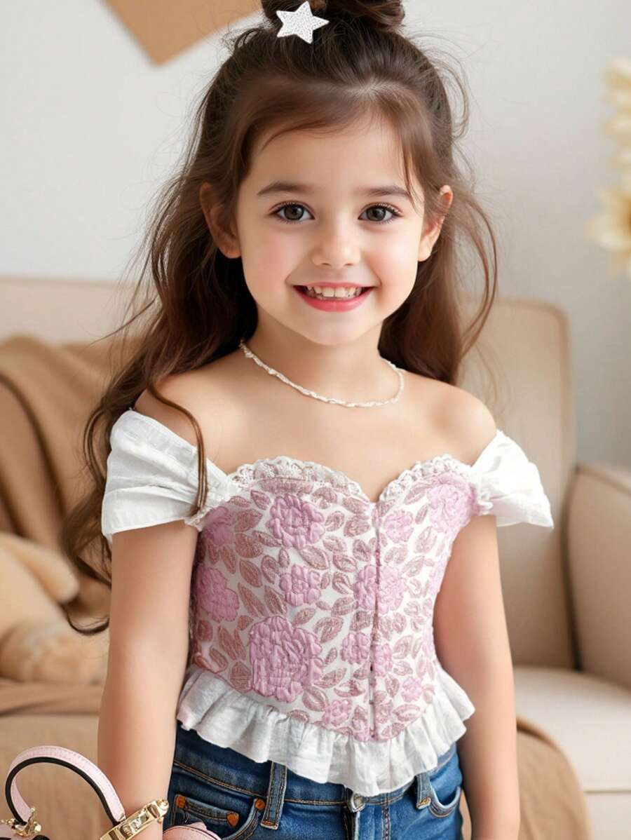 SHEIN Blusa elegante con estructura de corsé, hombros descubiertos, volantes en el bajo y tejido jacquard para niña, camisa de tela jacquard para primavera/verano - Rosa - Ver 1