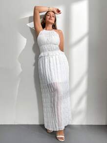 Firerie Set de 2 piezas para talla grande: Top de camiseta sin mangas de tela texturizada blanca y transparente con tirantes y falda larga holgada con opción de lazo y forro interior, elegante y apropiado para vacaciones, tardes de té, citas, conciertos, fiestas, estilo retro escolar, sesiones de fotos en la playa.