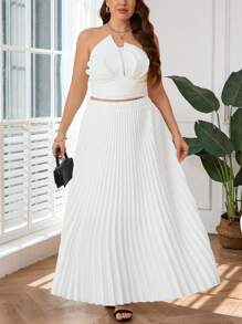 SHEIN Privé Plus Size Women's 2 Pieces Set: Elegant White Asymmetrical Ruched Crop Top With Puff Collar And Pleated Maxi Skirt, Suitable For Vacation, Beach, Party, Festival, Commuting, And Romantic Occasions, Spring/Summer - White - View 2