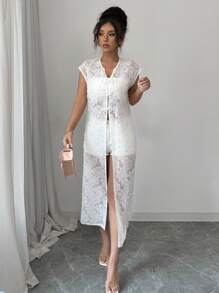 Elenzga 女式无袖纹理网眼雏菊毛茸茸透明优雅百搭衬衫 - 白色 - 查看 3