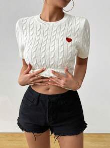 Chiquease Top cómoda, linda y dulce con bordado de corazón blanco a juego