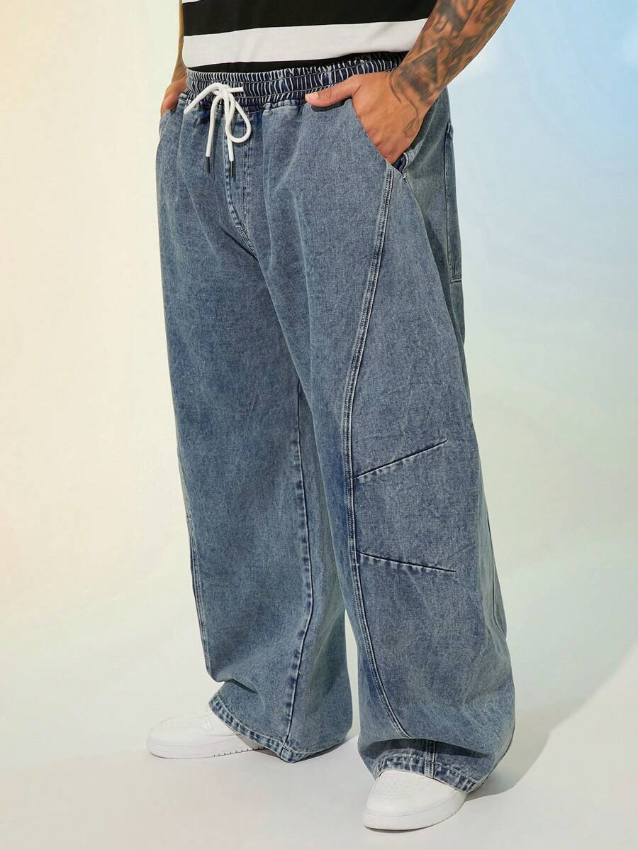 EASEVO Plus Size Men Blue Casual Loose Woven Long Denim Jeans